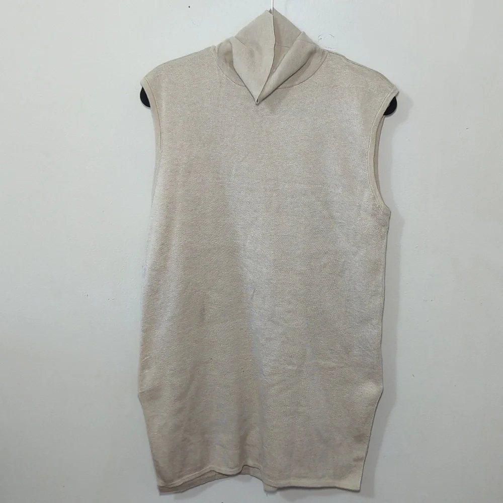 Lumiere Merino Wool Blend Tunic Sweater Cream Sleeveless Turtleneck Women Size M